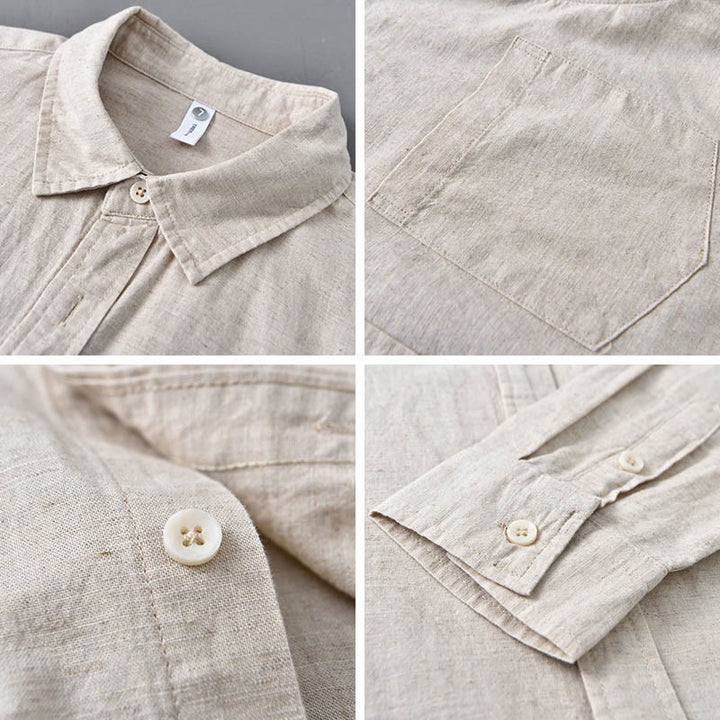 Chemise à manches longues et col rabattu pour homme avec poche Buddha Stones en coton confortable de couleur unie