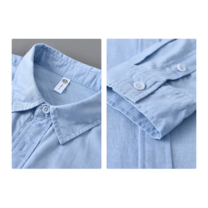 Chemise à manches longues et col rabattu pour homme avec poche Buddha Stones en coton confortable de couleur unie