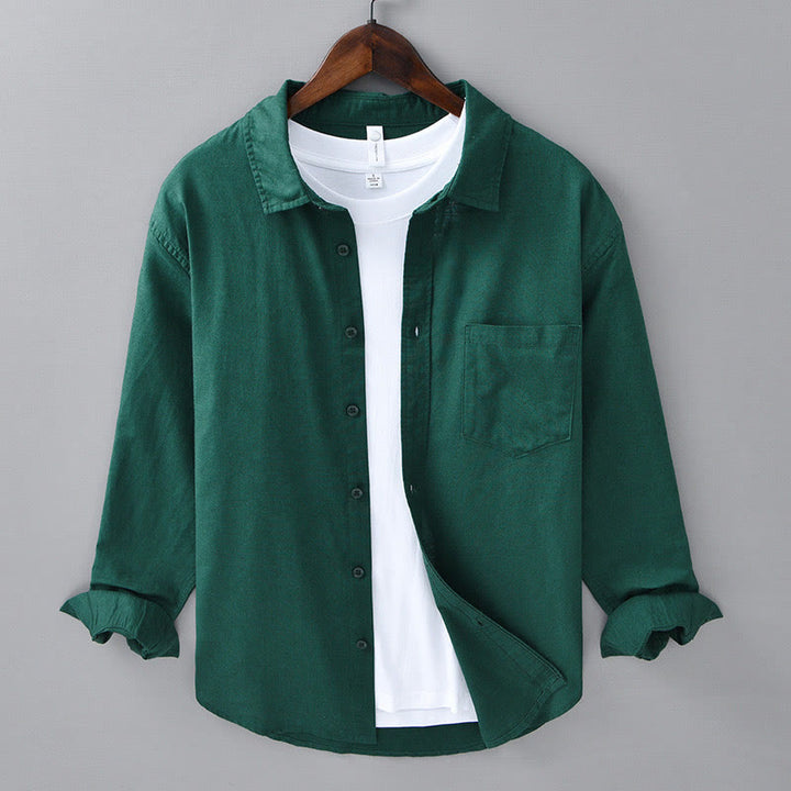 Chemise à manches longues et col rabattu pour homme avec poche Buddha Stones en coton confortable de couleur unie