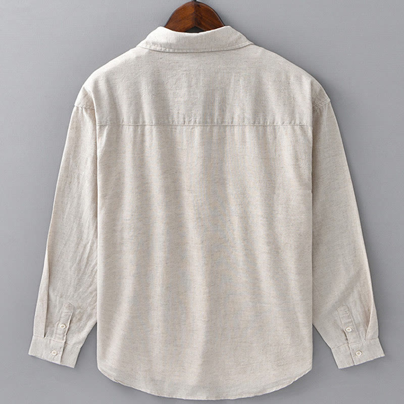 Chemise à manches longues et col rabattu pour homme avec poche Buddha Stones en coton confortable de couleur unie