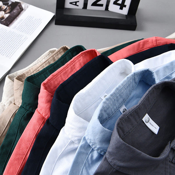 Chemise à manches longues et col rabattu pour homme avec poche Buddha Stones en coton confortable de couleur unie