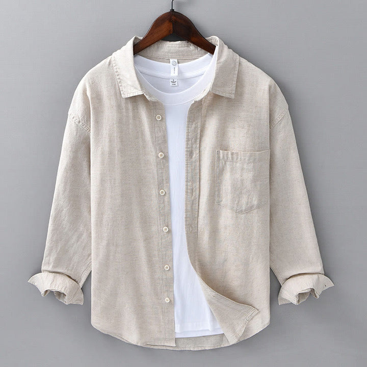 Chemise à manches longues et col rabattu pour homme avec poche Buddha Stones en coton confortable de couleur unie