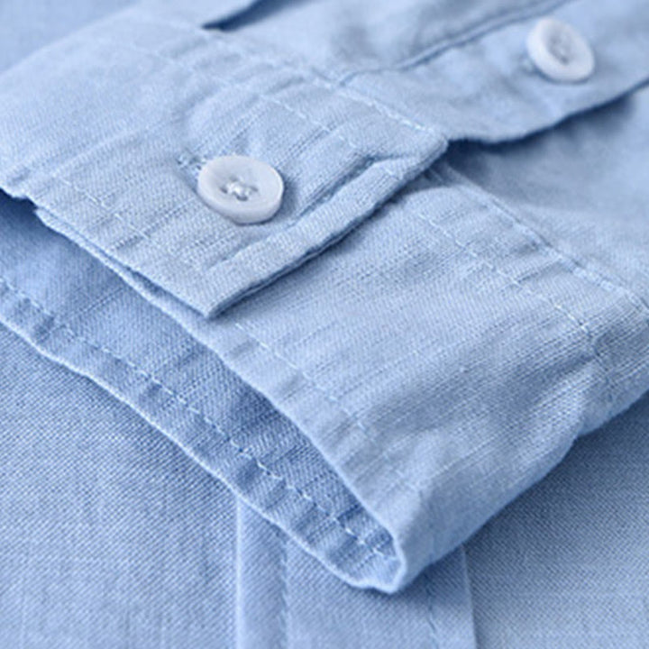 Chemise à manches longues et col rabattu pour homme avec poche Buddha Stones en coton confortable de couleur unie
