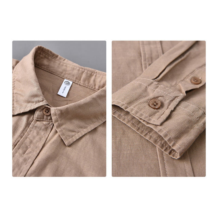 Chemise à manches longues et col rabattu pour homme avec poche Buddha Stones en coton confortable de couleur unie