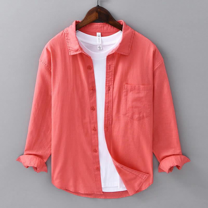 Chemise à manches longues et col rabattu pour homme avec poche Buddha Stones en coton confortable de couleur unie