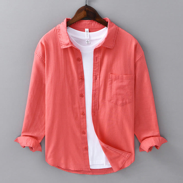 Chemise à manches longues et col rabattu pour homme avec poche Buddha Stones en coton confortable de couleur unie