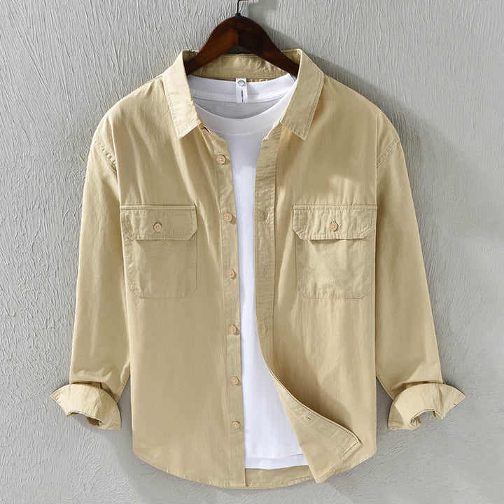 Chemise décontractée à manches longues et col rabattu pour homme avec poche Buddha Stones en coton de couleur unie - Jaune d'or pâle - US/UK/AU46，EU56 (5XL) - image 0