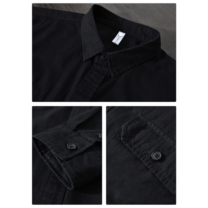 Chemise décontractée à manches longues et col rabattu pour homme avec poche Buddha Stones en coton de couleur unie