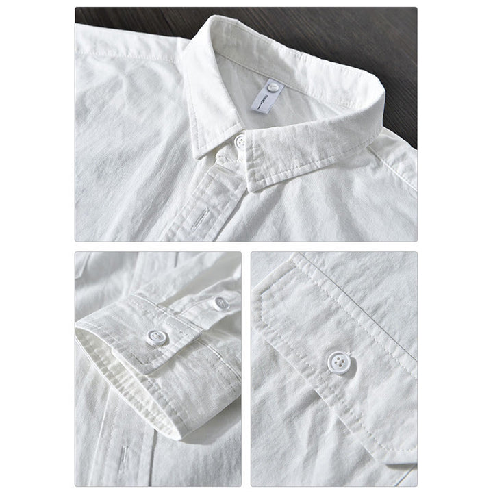 Chemise décontractée à manches longues et col rabattu pour homme avec poche Buddha Stones en coton de couleur unie