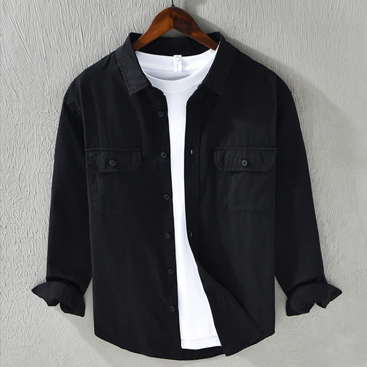Chemise décontractée à manches longues et col rabattu pour homme avec poche Buddha Stones en coton de couleur unie