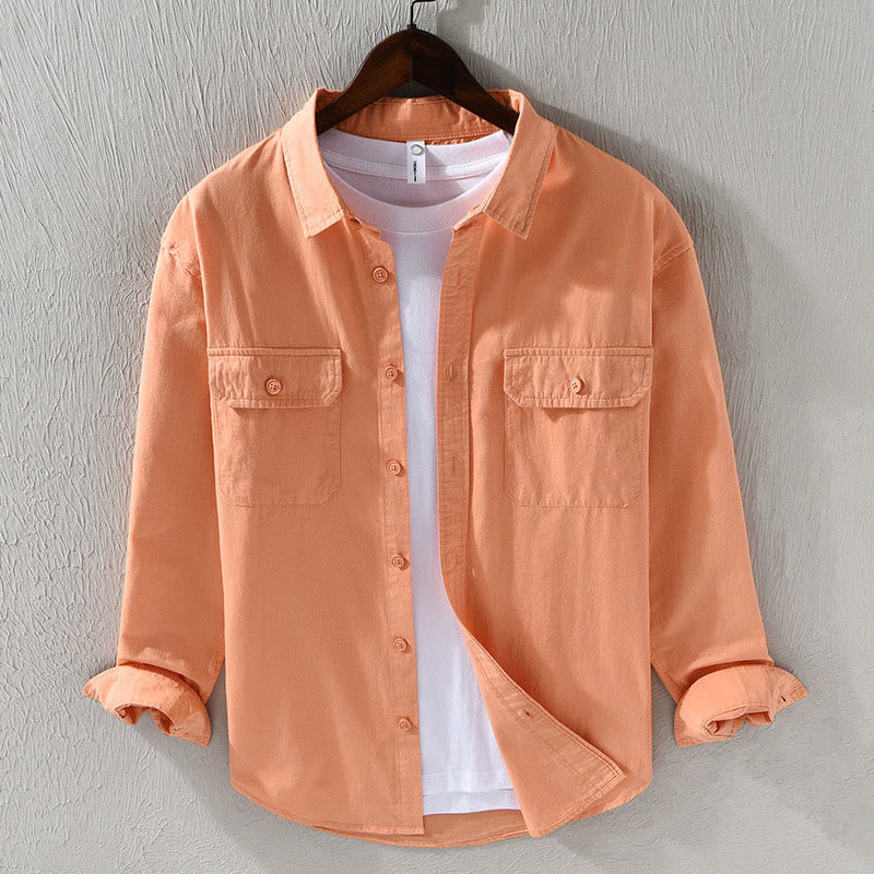 Chemise décontractée à manches longues et col rabattu pour homme avec poche Buddha Stones en coton de couleur unie