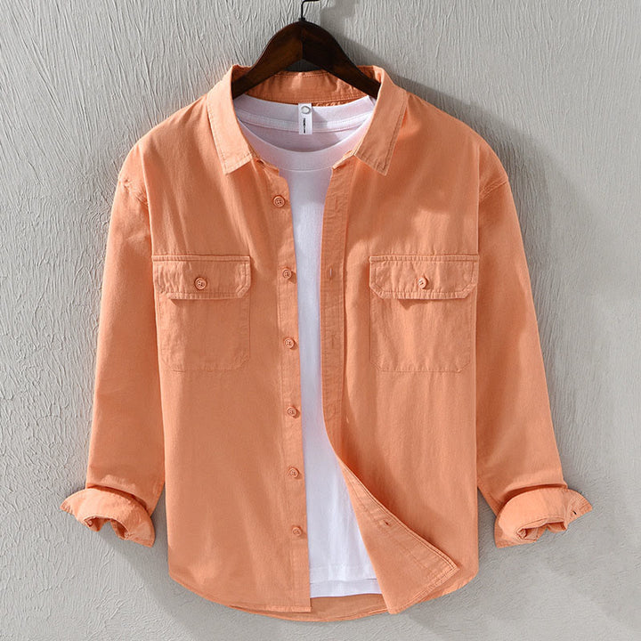 Chemise décontractée à manches longues et col rabattu pour homme avec poche Buddha Stones en coton de couleur unie
