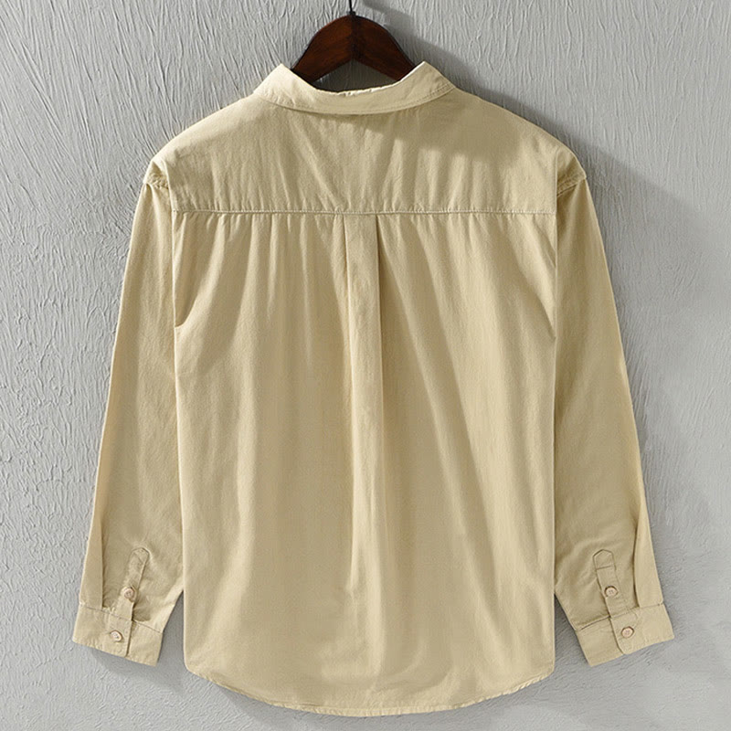 Chemise décontractée à manches longues et col rabattu pour homme avec poche Buddha Stones en coton de couleur unie