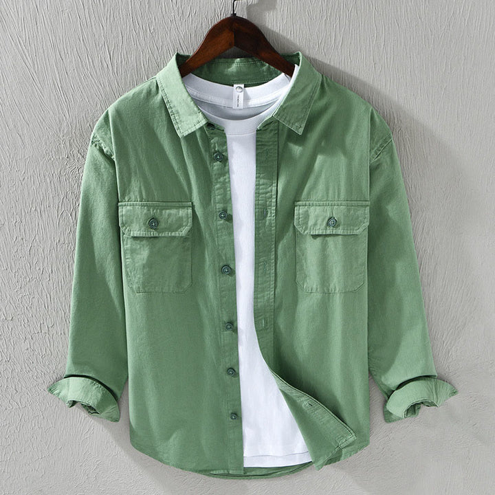 Chemise décontractée à manches longues et col rabattu pour homme avec poche Buddha Stones en coton de couleur unie - Vert de mer moyen - US/UK/AU46，EU56 (5XL) - image 9