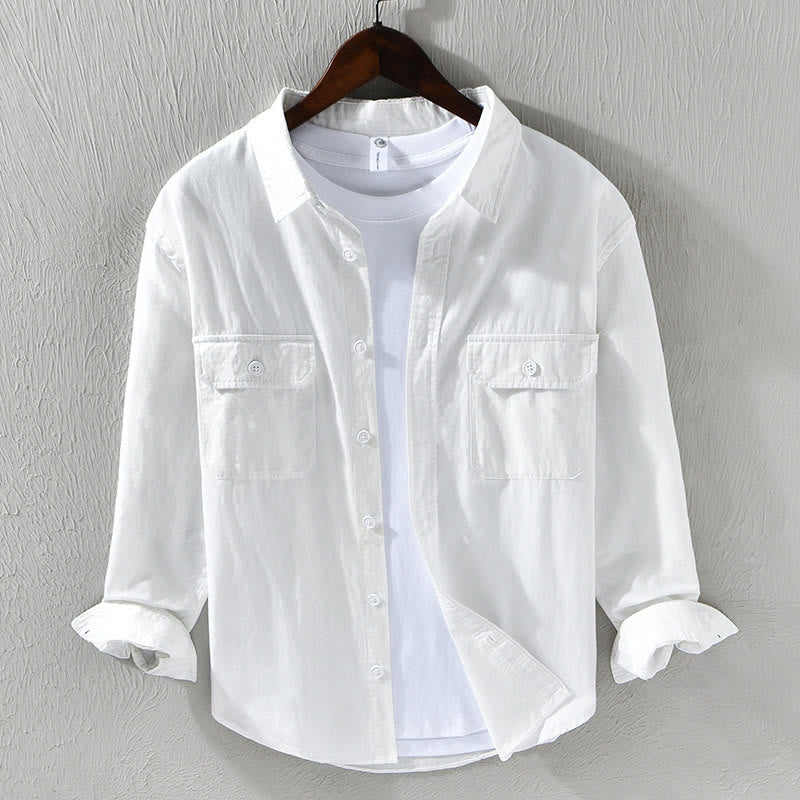 Chemise décontractée à manches longues et col rabattu pour homme avec poche Buddha Stones en coton de couleur unie