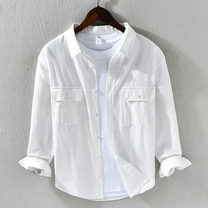 Chemise décontractée à manches longues et col rabattu pour homme avec poche Buddha Stones en coton de couleur unie