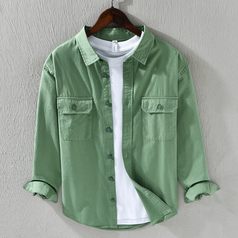 Chemise décontractée à manches longues et col rabattu pour homme avec poche Buddha Stones en coton de couleur unie