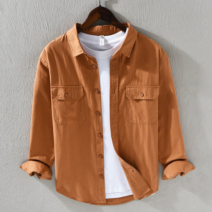 Chemise décontractée à manches longues et col rabattu pour homme avec poche Buddha Stones en coton de couleur unie