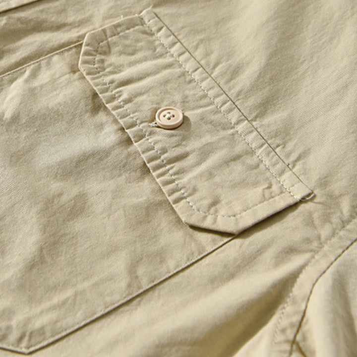Chemise décontractée à manches longues et col rabattu pour homme avec poche Buddha Stones en coton de couleur unie