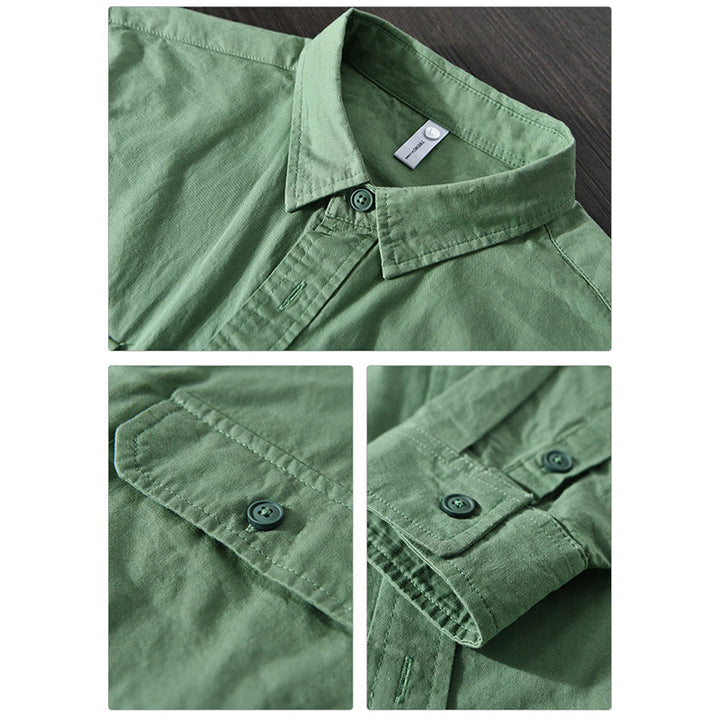 Chemise décontractée à manches longues et col rabattu pour homme avec poche Buddha Stones en coton de couleur unie