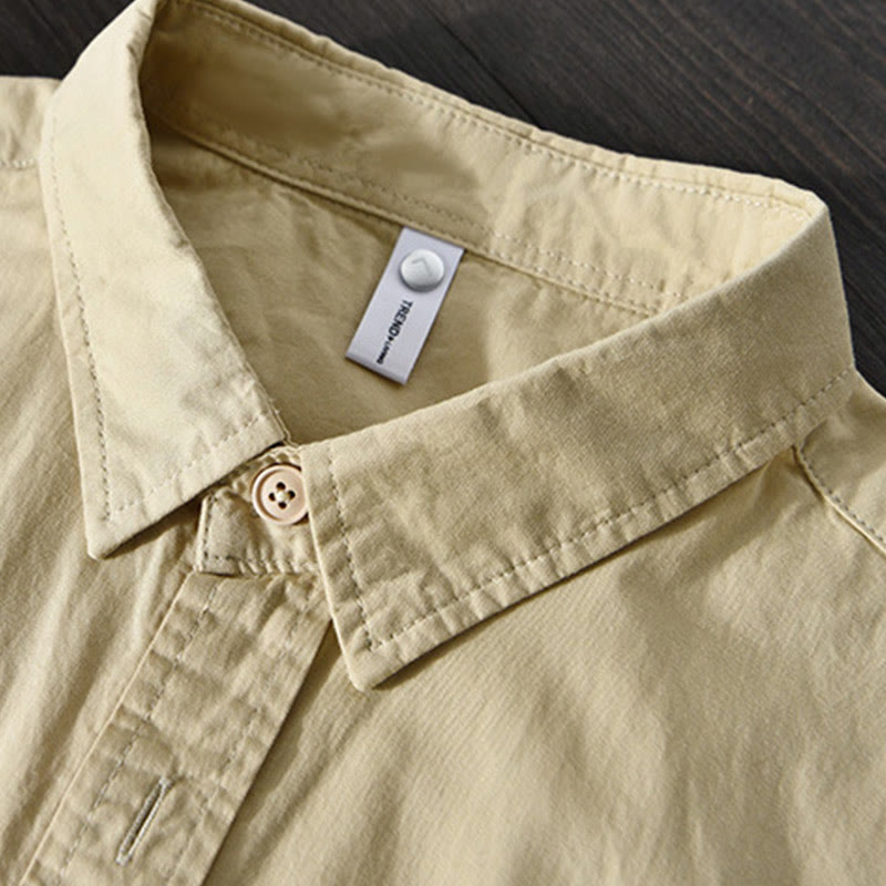 Chemise décontractée à manches longues et col rabattu pour homme avec poche Buddha Stones en coton de couleur unie