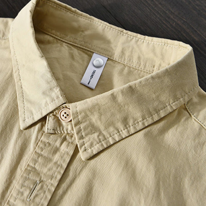 Chemise décontractée à manches longues et col rabattu pour homme avec poche Buddha Stones en coton de couleur unie