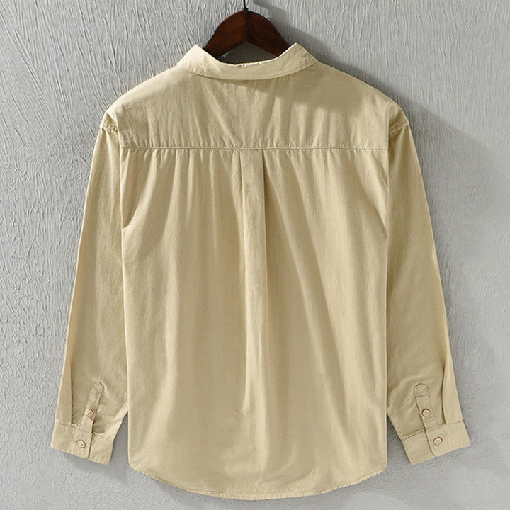 Chemise décontractée à manches longues et col rabattu pour homme avec poche Buddha Stones en coton de couleur unie - image 2