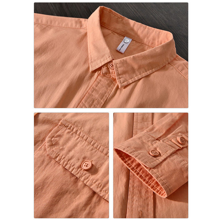 Chemise décontractée à manches longues et col rabattu pour homme avec poche Buddha Stones en coton de couleur unie