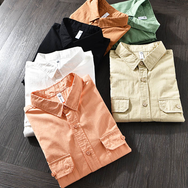 Chemise décontractée à manches longues et col rabattu pour homme avec poche Buddha Stones en coton de couleur unie - image 1