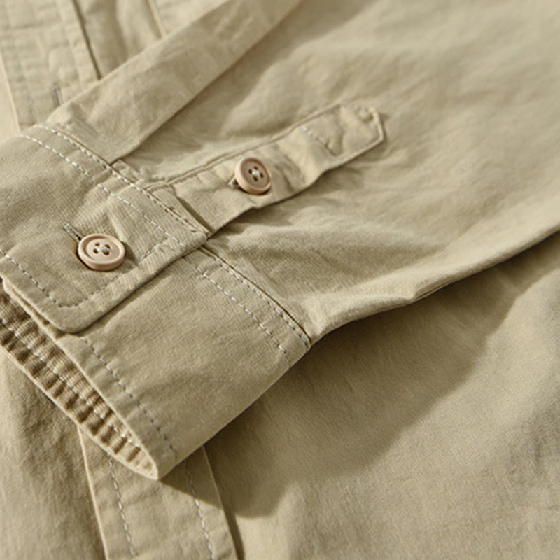 Chemise décontractée à manches longues et col rabattu pour homme avec poche Buddha Stones en coton de couleur unie