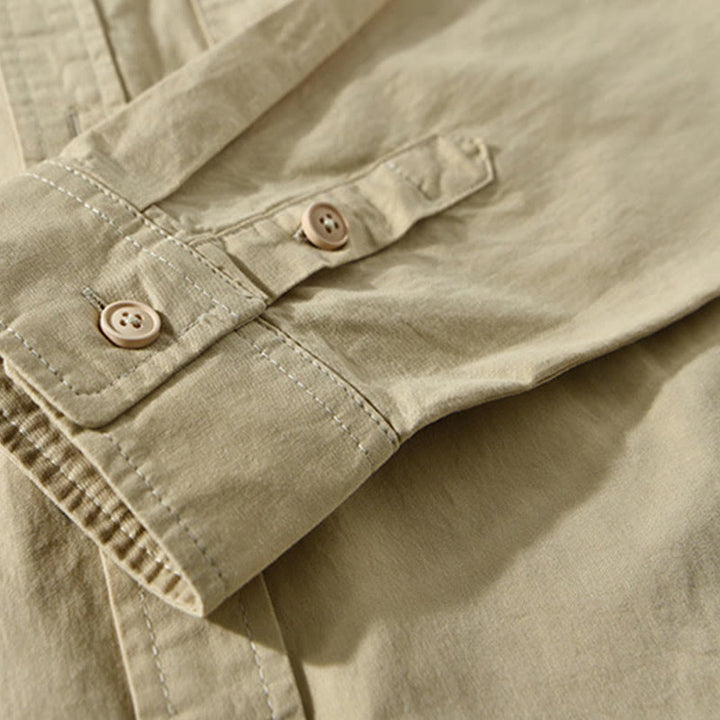 Chemise décontractée à manches longues et col rabattu pour homme avec poche Buddha Stones en coton de couleur unie