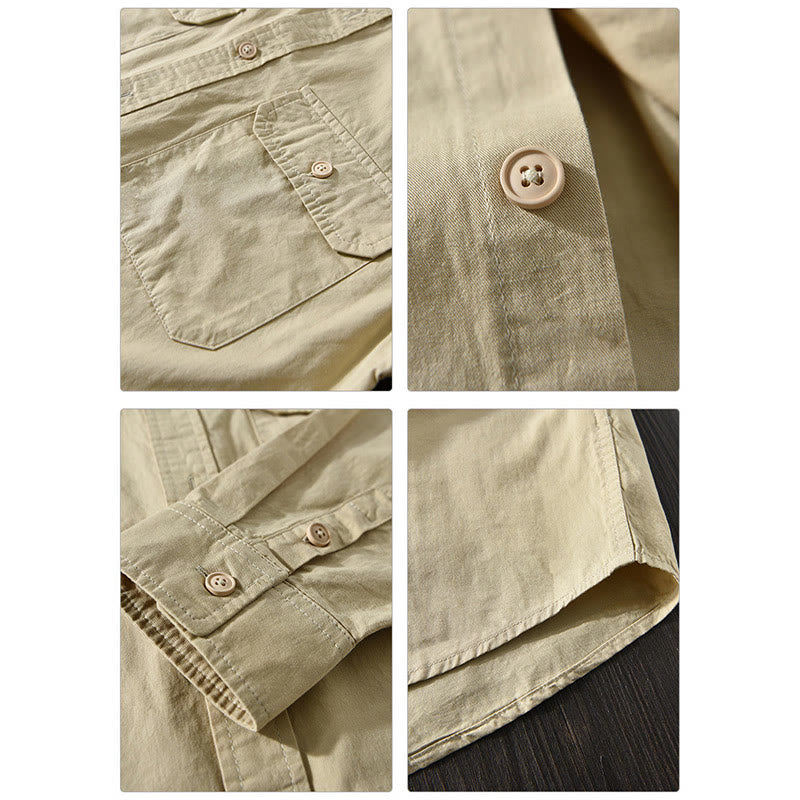 Chemise décontractée à manches longues et col rabattu pour homme avec poche Buddha Stones en coton de couleur unie