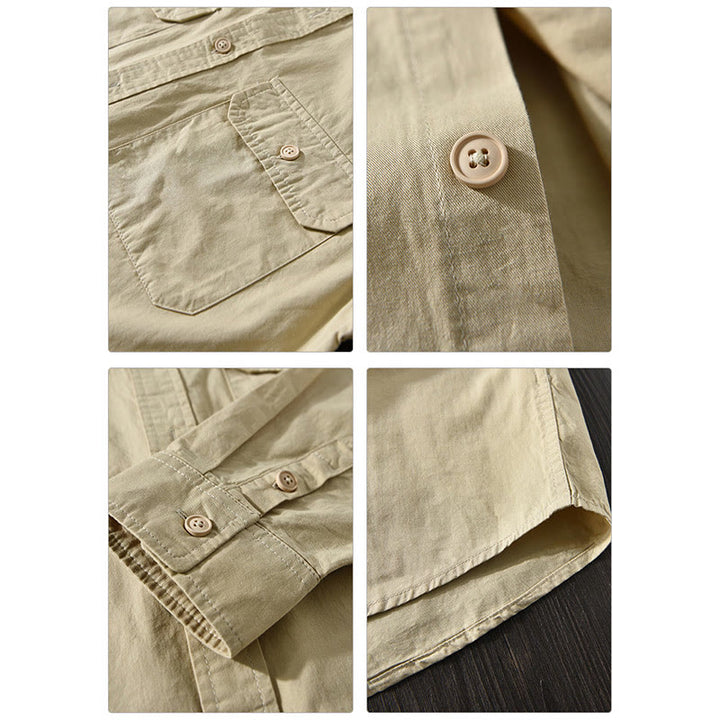 Chemise décontractée à manches longues et col rabattu pour homme avec poche Buddha Stones en coton de couleur unie