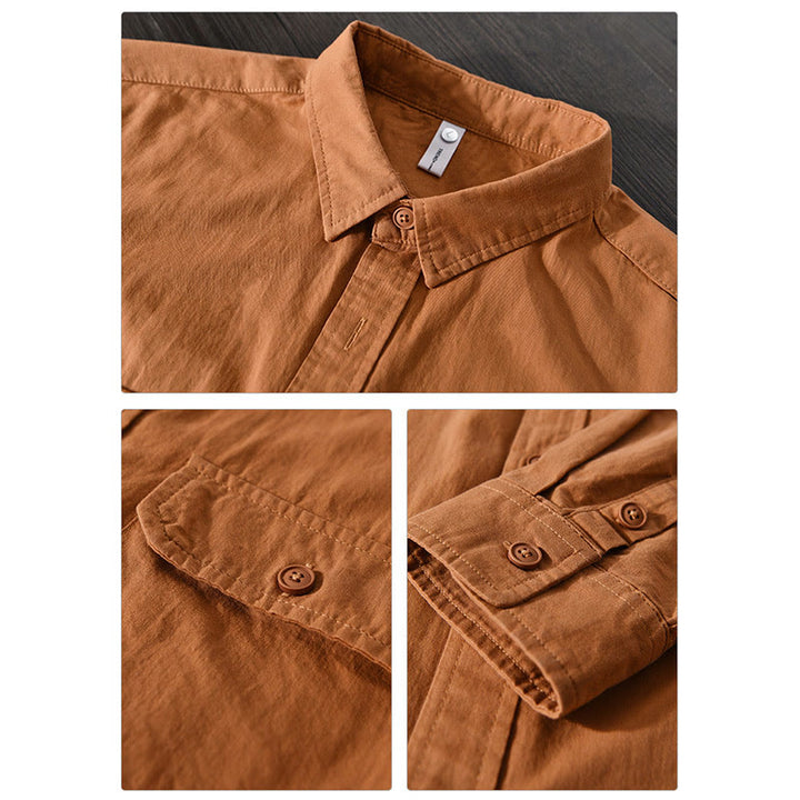 Chemise décontractée à manches longues et col rabattu pour homme avec poche Buddha Stones en coton de couleur unie