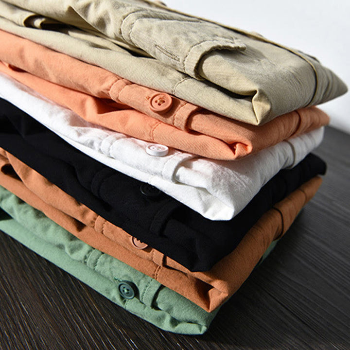 Chemise décontractée à manches longues et col rabattu pour homme avec poche Buddha Stones en coton de couleur unie