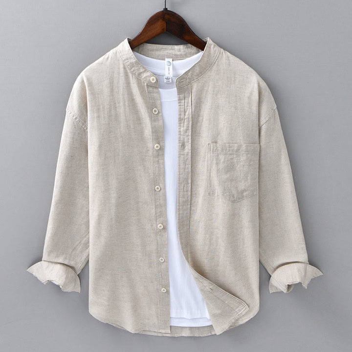 Chemise à manches longues et col montant pour homme avec poche en coton et lin décontracté de couleur unie Buddha Stones