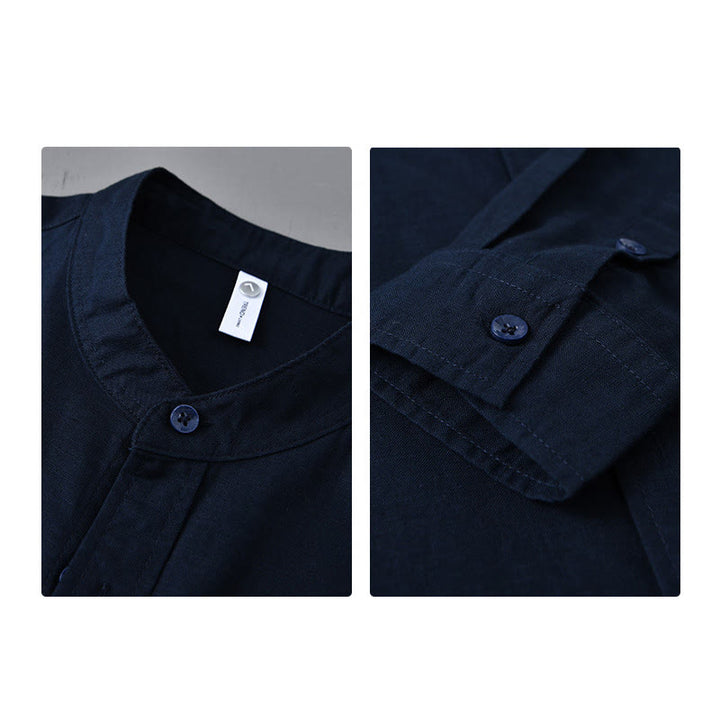 Chemise à manches longues et col montant pour homme avec poche en coton et lin décontracté de couleur unie Buddha Stones