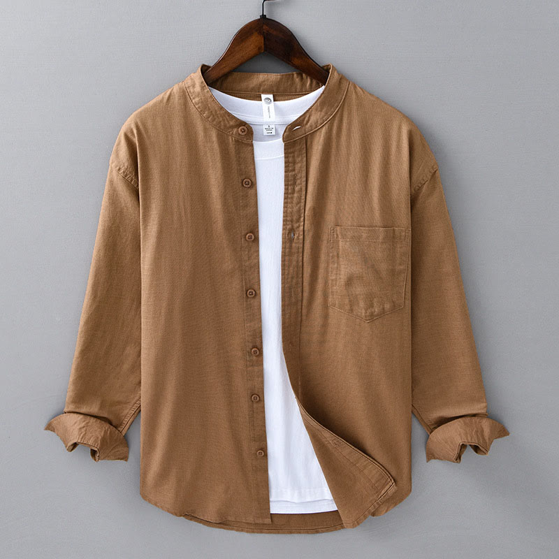 Chemise à manches longues et col montant pour homme avec poche en coton et lin décontracté de couleur unie Buddha Stones