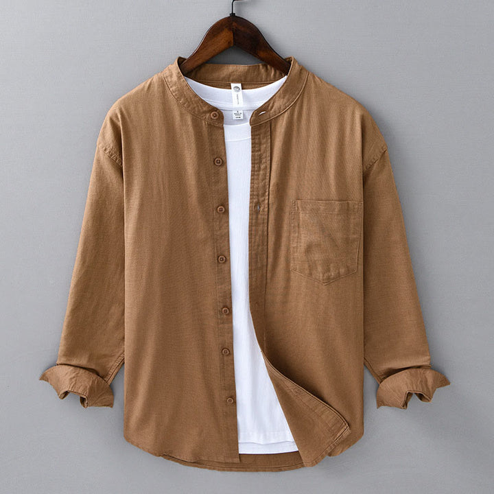 Chemise à manches longues et col montant pour homme avec poche en coton et lin décontracté de couleur unie Buddha Stones