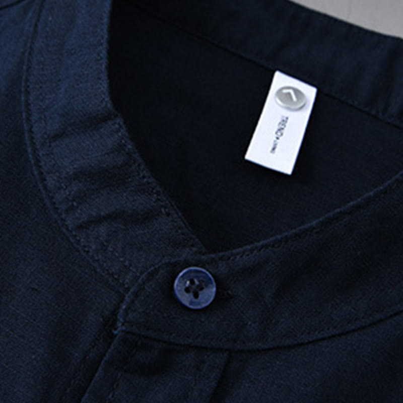 Chemise à manches longues et col montant pour homme avec poche en coton et lin décontracté de couleur unie Buddha Stones