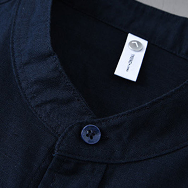 Chemise à manches longues et col montant pour homme avec poche en coton et lin décontracté de couleur unie Buddha Stones