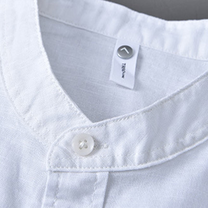 Chemise à manches longues et col montant pour homme avec poche en coton et lin décontracté de couleur unie Buddha Stones