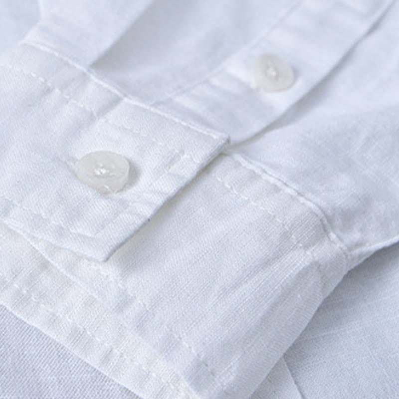 Chemise à manches longues et col montant pour homme avec poche en coton et lin décontracté de couleur unie Buddha Stones