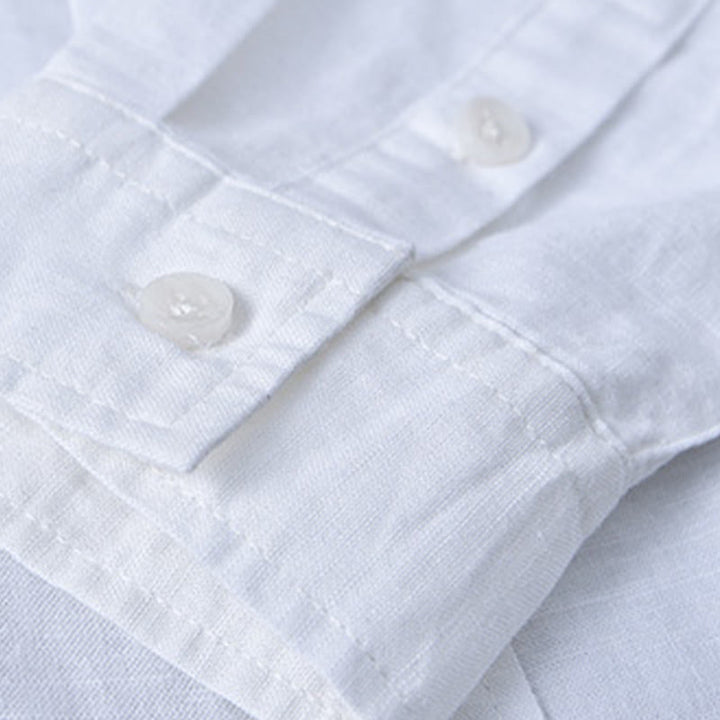 Chemise à manches longues et col montant pour homme avec poche en coton et lin décontracté de couleur unie Buddha Stones