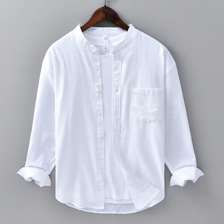 Chemise à manches longues et col montant pour homme avec poche en coton et lin décontracté de couleur unie Buddha Stones