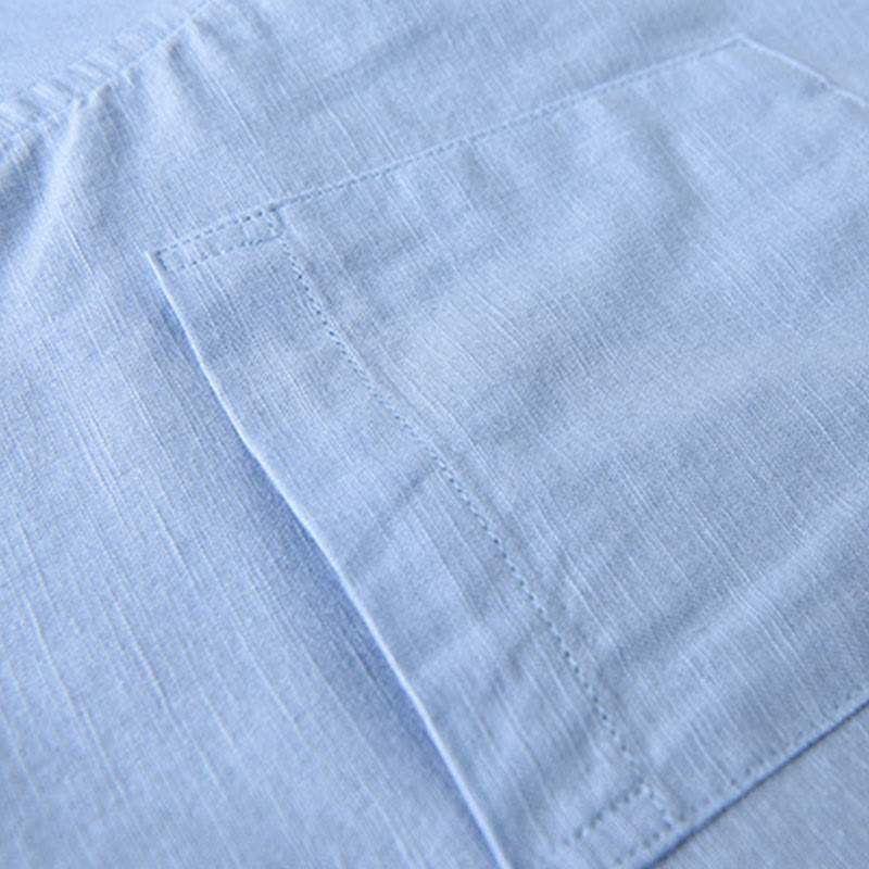 Chemise à manches longues et col montant pour homme avec poche en coton et lin décontracté de couleur unie Buddha Stones