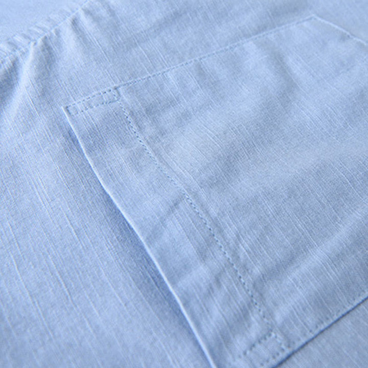 Chemise à manches longues et col montant pour homme avec poche en coton et lin décontracté de couleur unie Buddha Stones