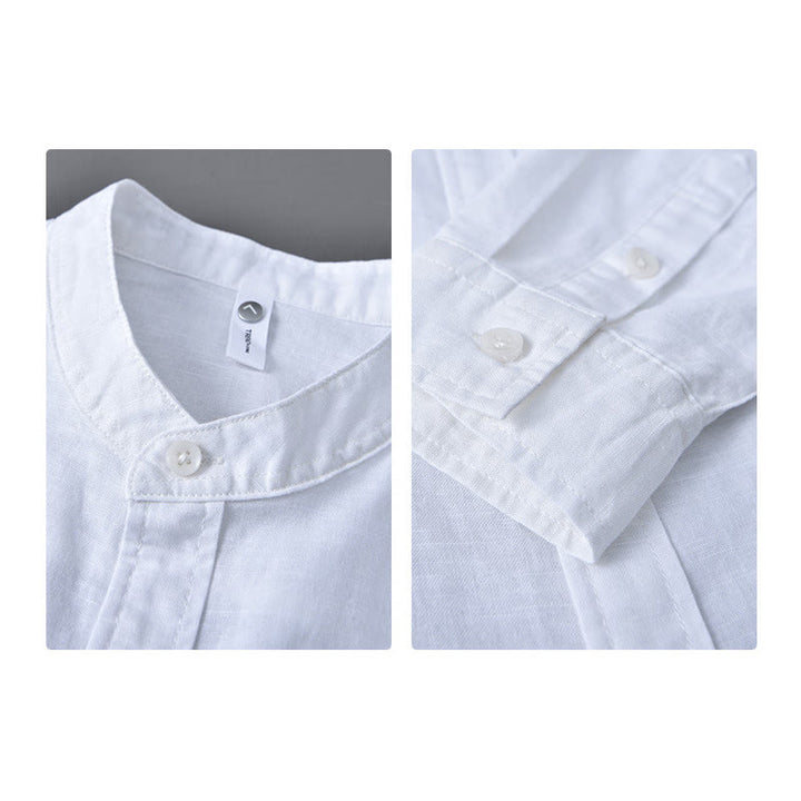Chemise à manches longues et col montant pour homme avec poche en coton et lin décontracté de couleur unie Buddha Stones