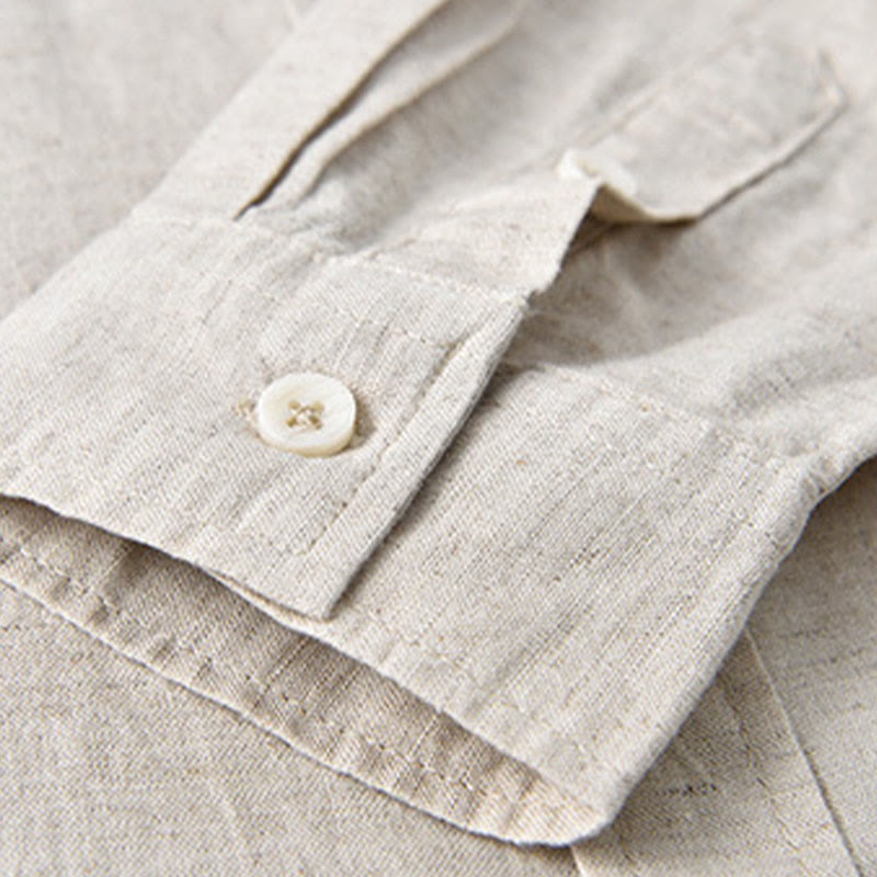 Chemise à manches longues et col montant pour homme avec poche en coton et lin décontracté de couleur unie Buddha Stones