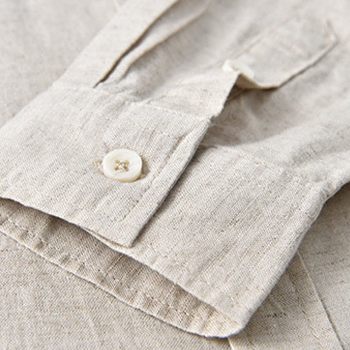 Chemise à manches longues et col montant pour homme avec poche en coton et lin décontracté de couleur unie Buddha Stones